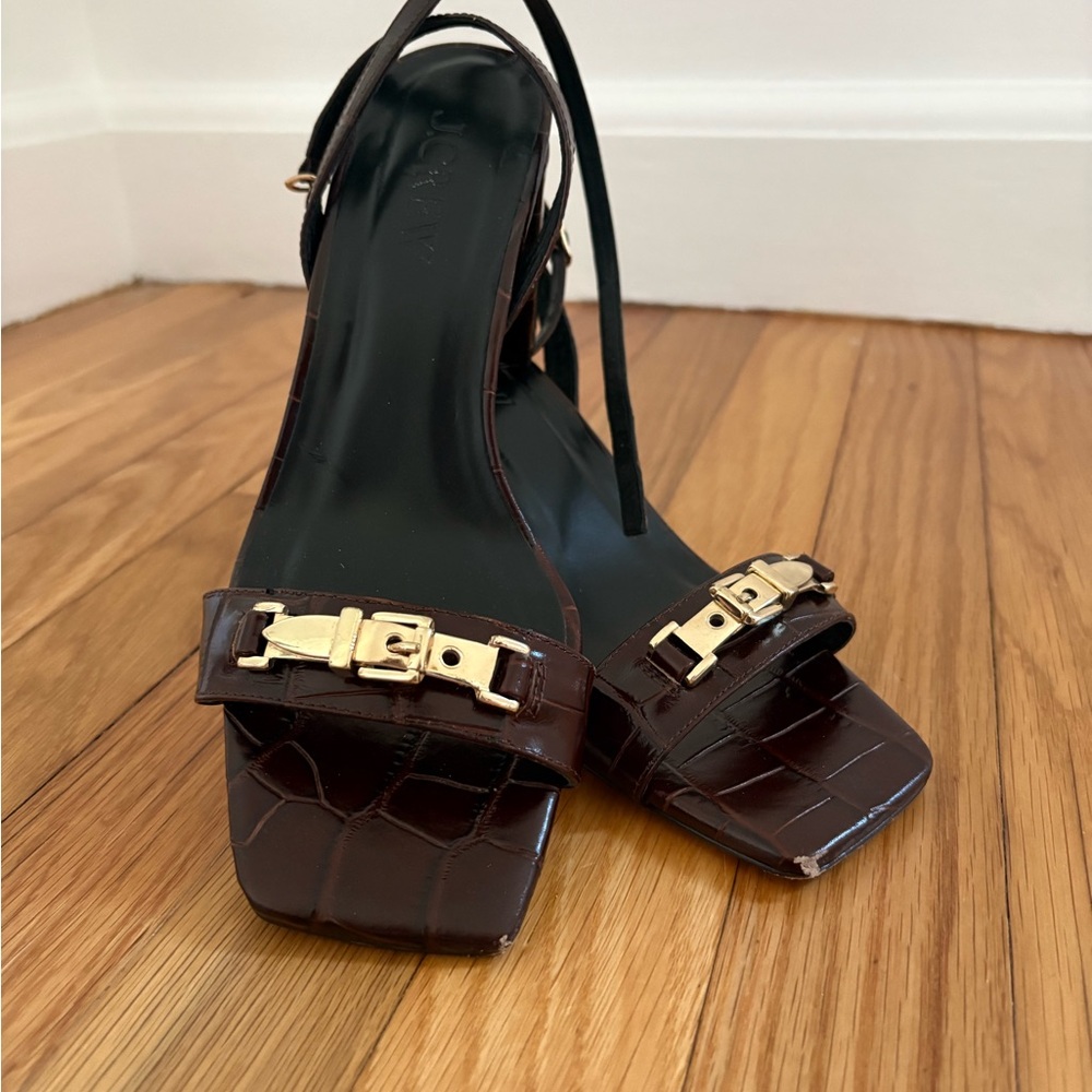 J.Crew Dark Brown Croc-Embossed Slingback Heels with Gold Buckle - 8.5